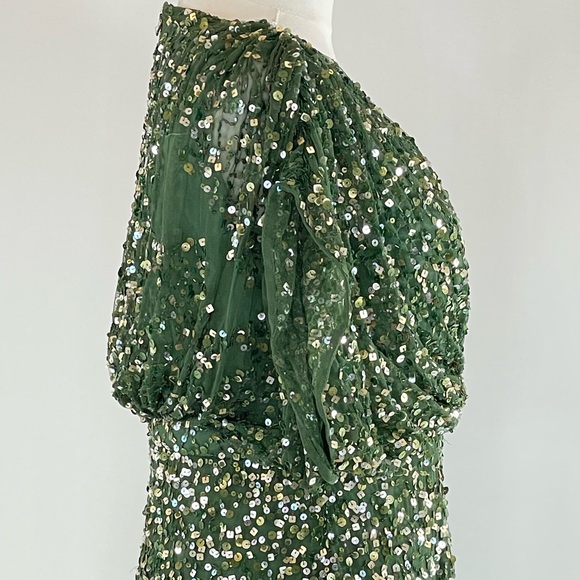 Ieena for Mac Duggal Draped Sleeve Emerald Sequin Gown, 4 - Picture 9 of 10